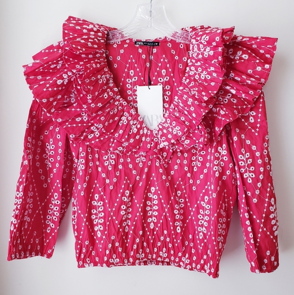 Zara Red Embroidered Eyelet Ruffle Top - Picture 12 of 12